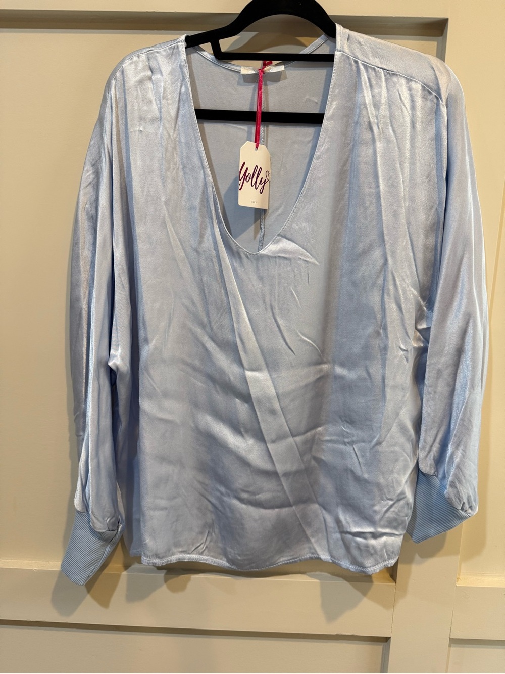 Light Blue V-Neck Satin Blouse By Yolly